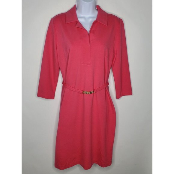 Talbots Dresses & Skirts - Talbots Womens Bright Pink Belted Knit Dress Size 6 Pullover 3/4 Sleeve Collared